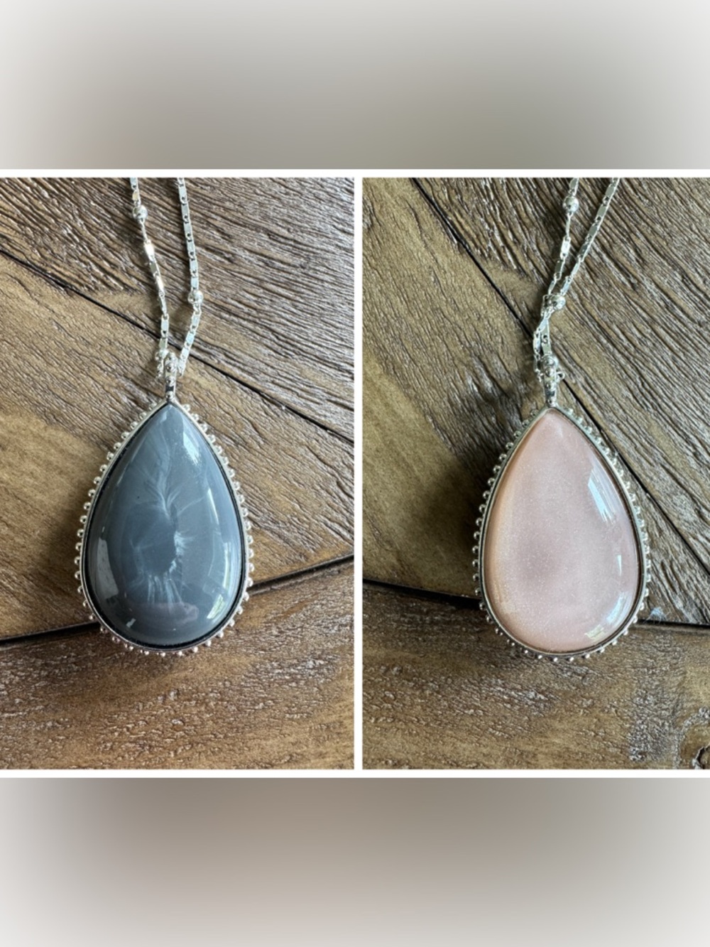 Teardrop Pendant Necklace with Gray and Blush Reversible Stone